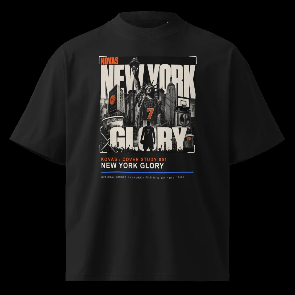Cover Study 001 β the New York Glory single cover as an archival front print, oversized high-neck tee, black
